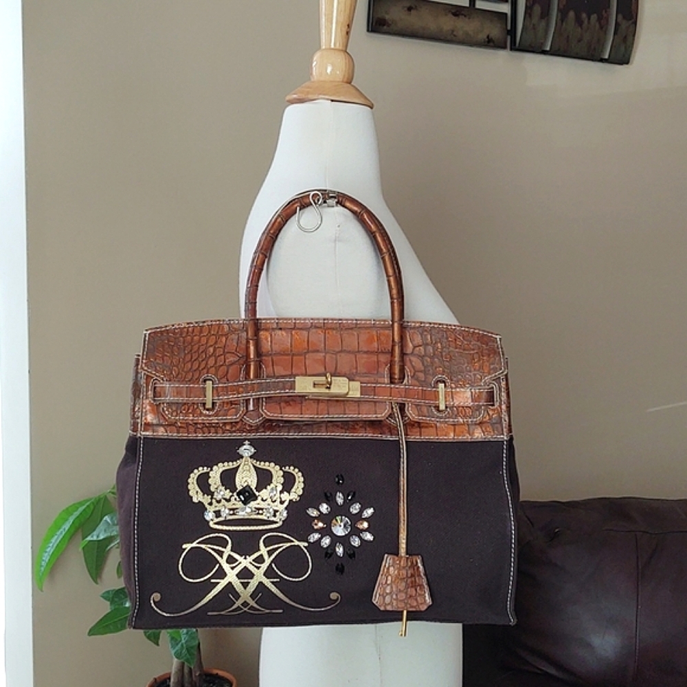 🟧Accessoires De Mademoiselle Cova Leather Croc & Canvas Bag - Picture 4 of 16